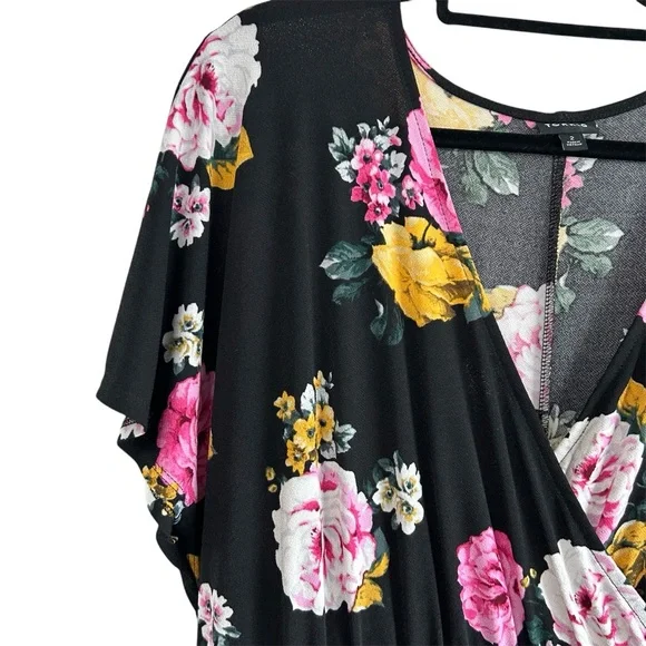 Torrid Black Floral Stretch Faux Wrap Ruffle Hem Dress Size 2 - **Belt Missing** - Picture 3 of 8